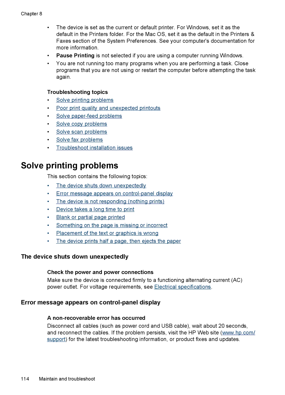 HP J4580, J4500 Solve printing problems, Device shuts down unexpectedly, Error message appears on control-panel display 