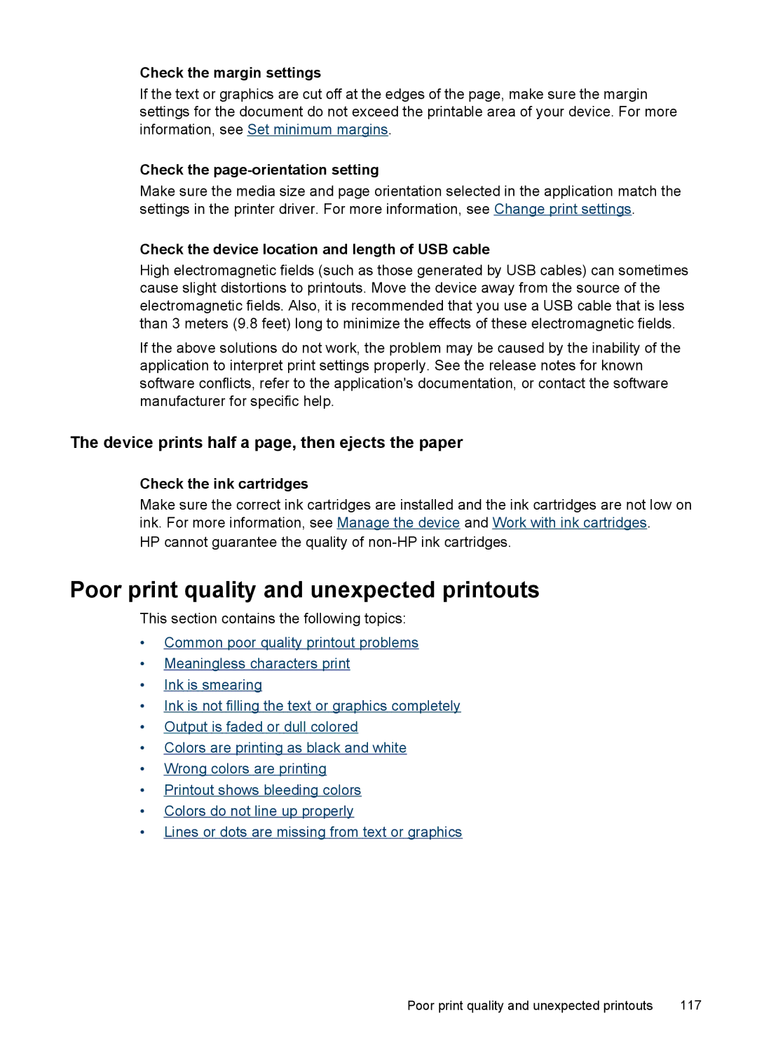 HP J4500, J4580 manual Poor print quality and unexpected printouts, Device prints half a page, then ejects the paper 