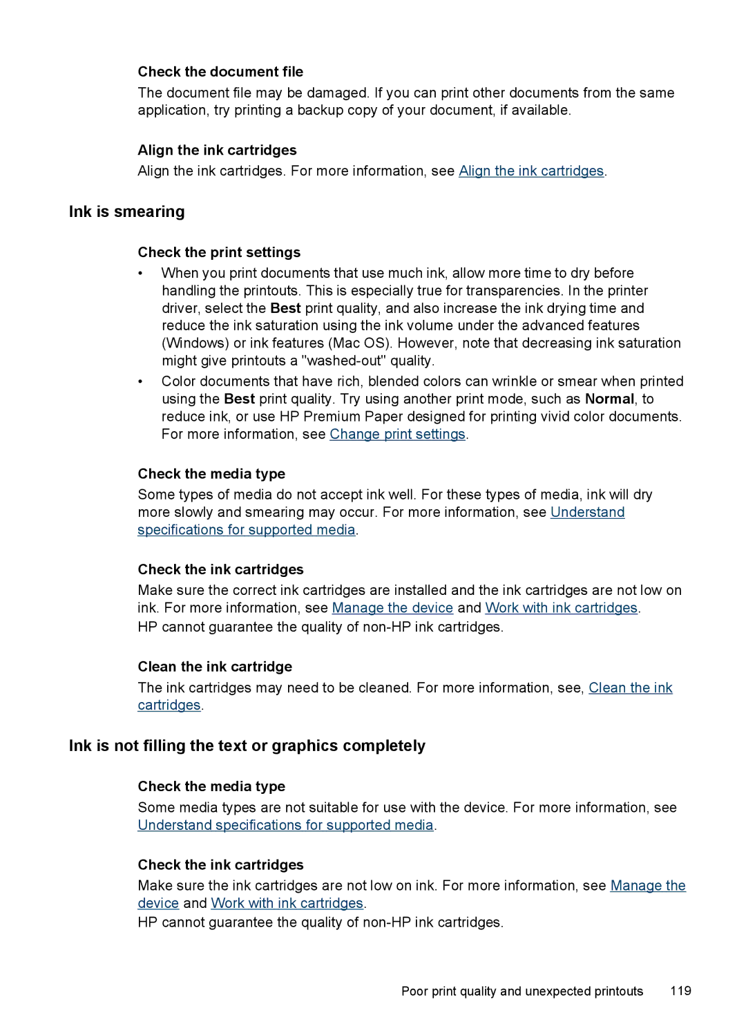 HP J4500, J4580 manual Ink is smearing, Ink is not filling the text or graphics completely, Check the document file 