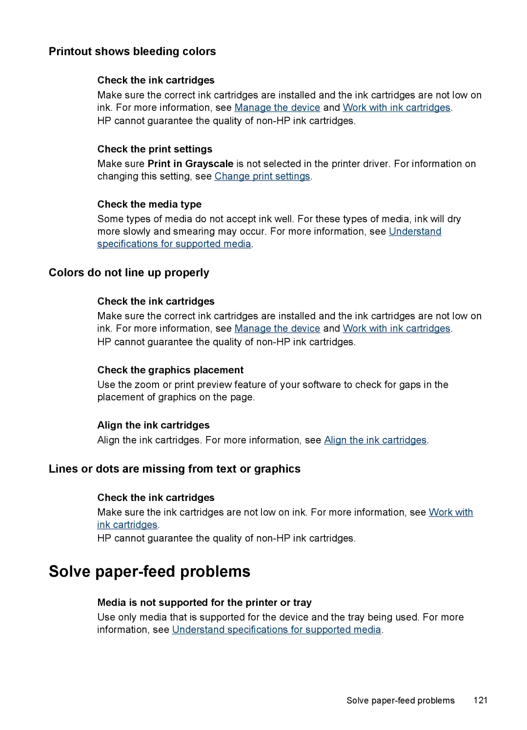 HP J4500, J4580 manual Solve paper-feed problems, Printout shows bleeding colors, Colors do not line up properly 