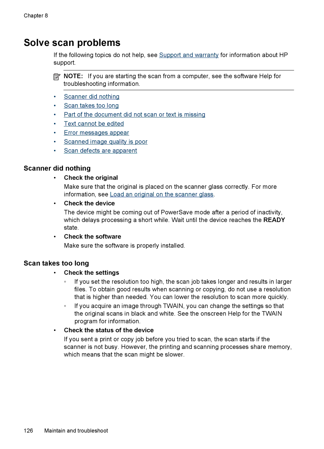 HP J4580, J4500 manual Solve scan problems, Scanner did nothing, Scan takes too long, Check the software 