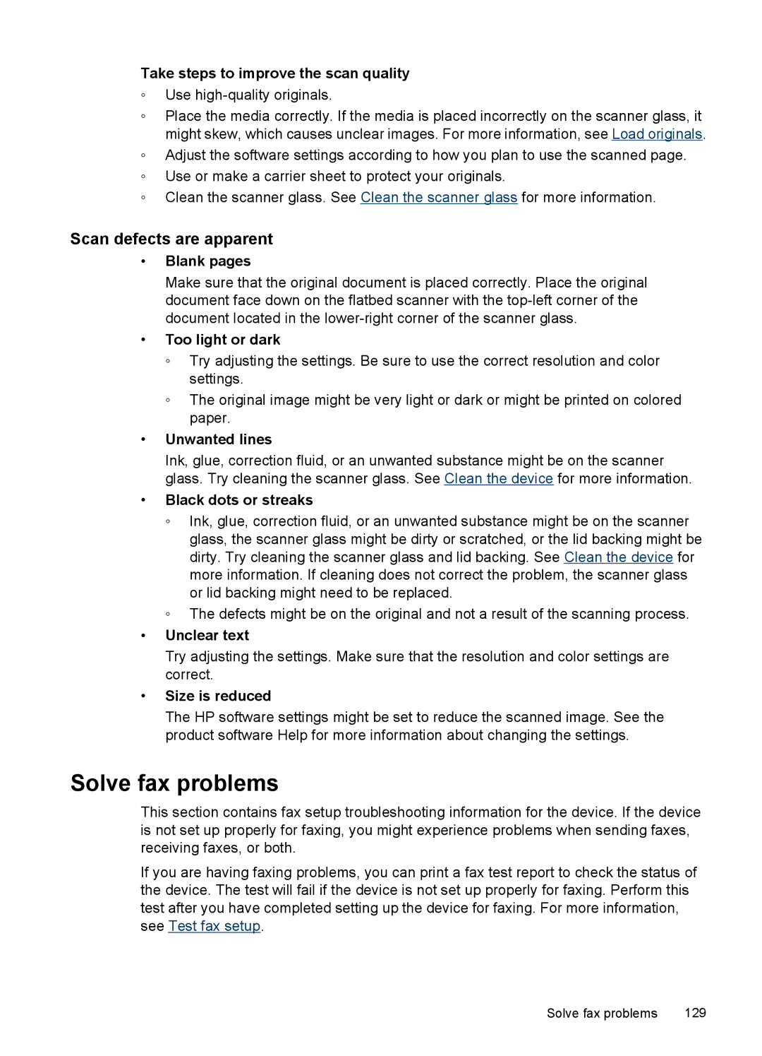 HP J4500, J4580 manual Solve fax problems, Scan defects are apparent, Take steps to improve the scan quality, Blank pages 