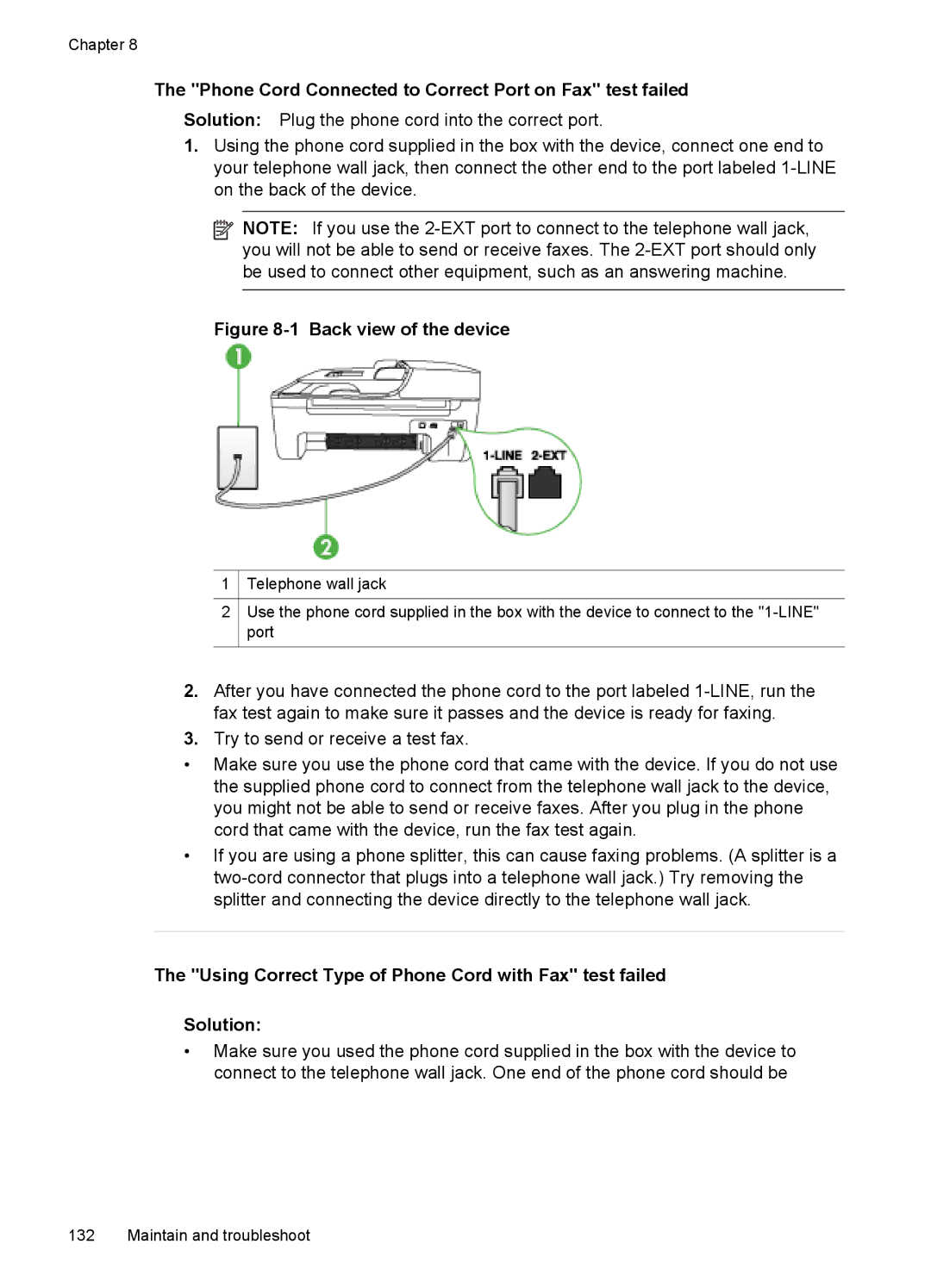 HP J4580, J4500 manual Phone Cord Connected to Correct Port on Fax test failed, Back view of the device 