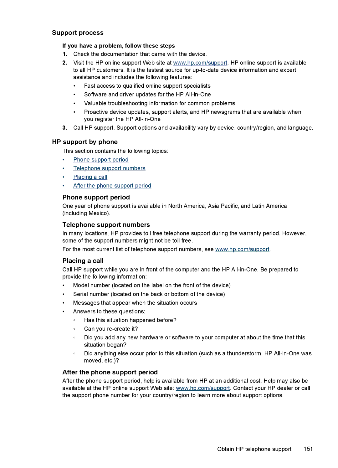 HP J4500, J4580 manual Support process, HP support by phone, Phone support period, Telephone support numbers, Placing a call 