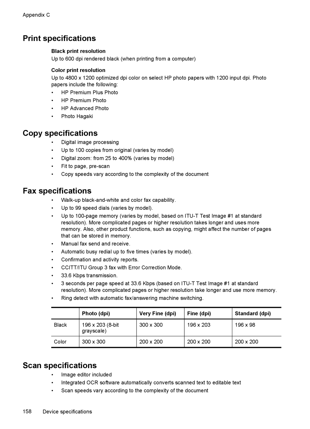 HP J4580, J4500 manual Print specifications, Copy specifications, Fax specifications, Scan specifications 