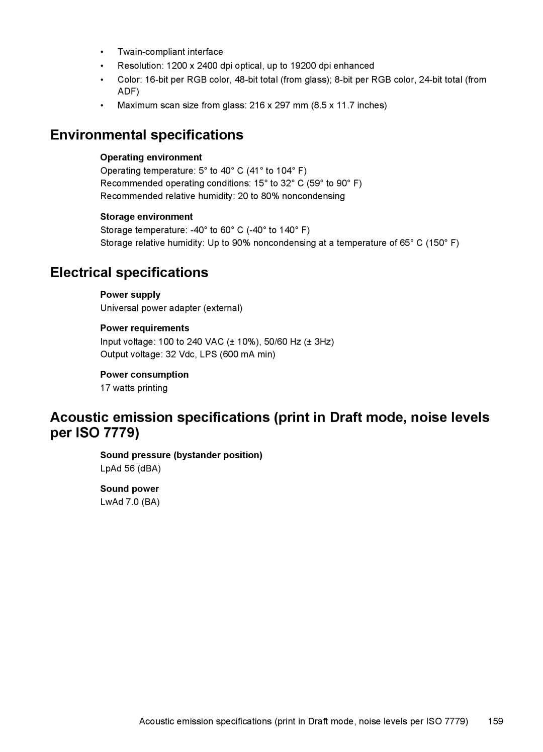 HP J4500, J4580 manual Environmental specifications, Electrical specifications 