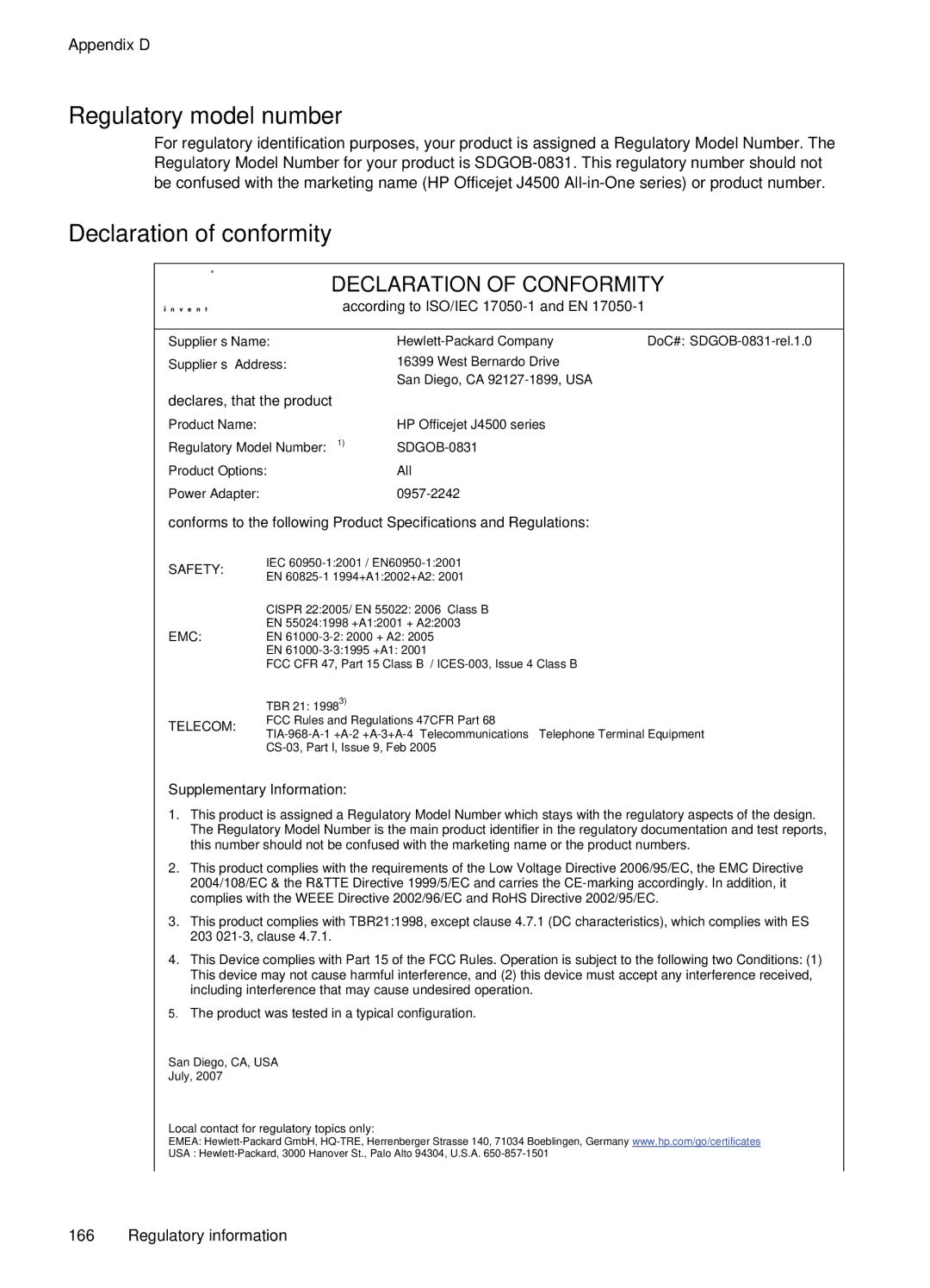 HP J4580, J4500 manual Regulatory model number, Declaration of conformity 