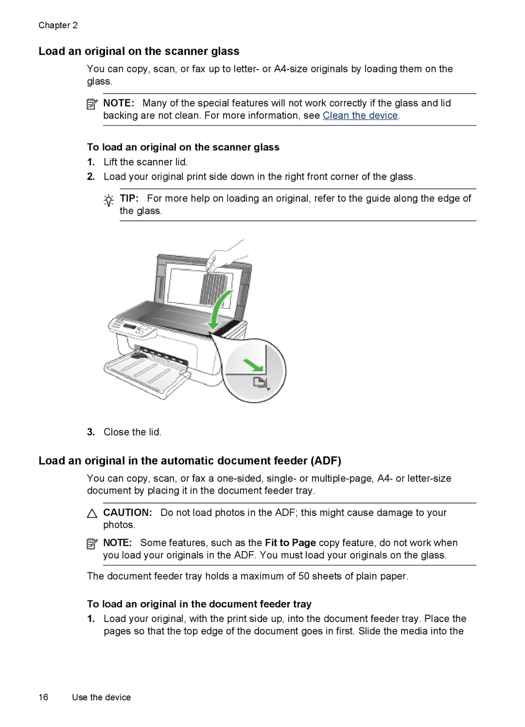 HP J4580, J4500 manual Load an original on the scanner glass, Load an original in the automatic document feeder ADF 