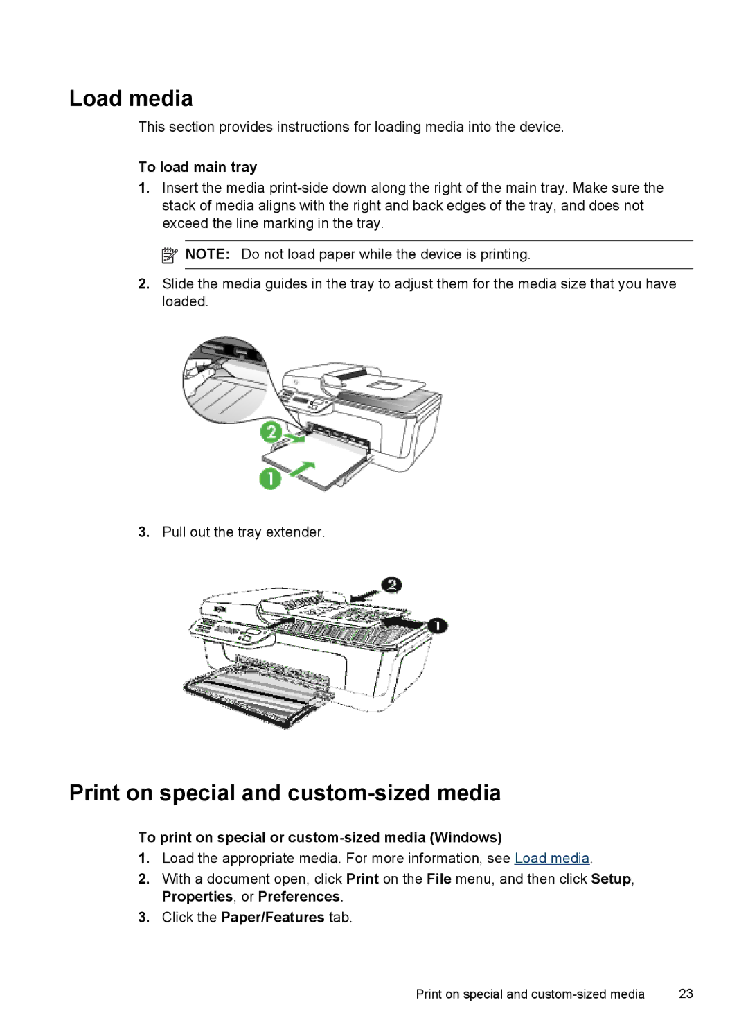 HP J4500, J4580 manual Load media, Print on special and custom-sized media, To load main tray, Click the Paper/Features tab 