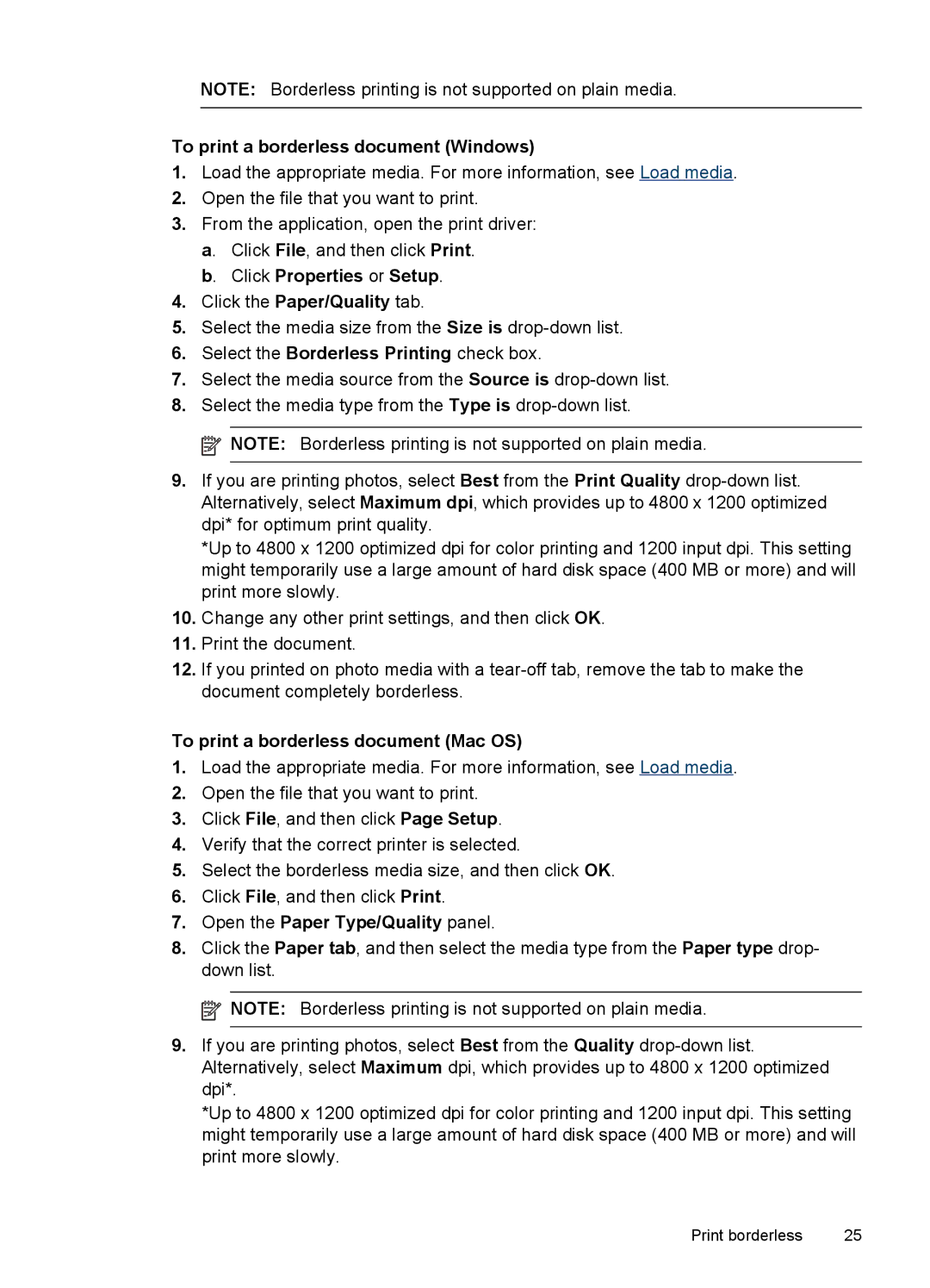 HP J4500, J4580 To print a borderless document Windows, Click Properties or Setup, To print a borderless document Mac OS 