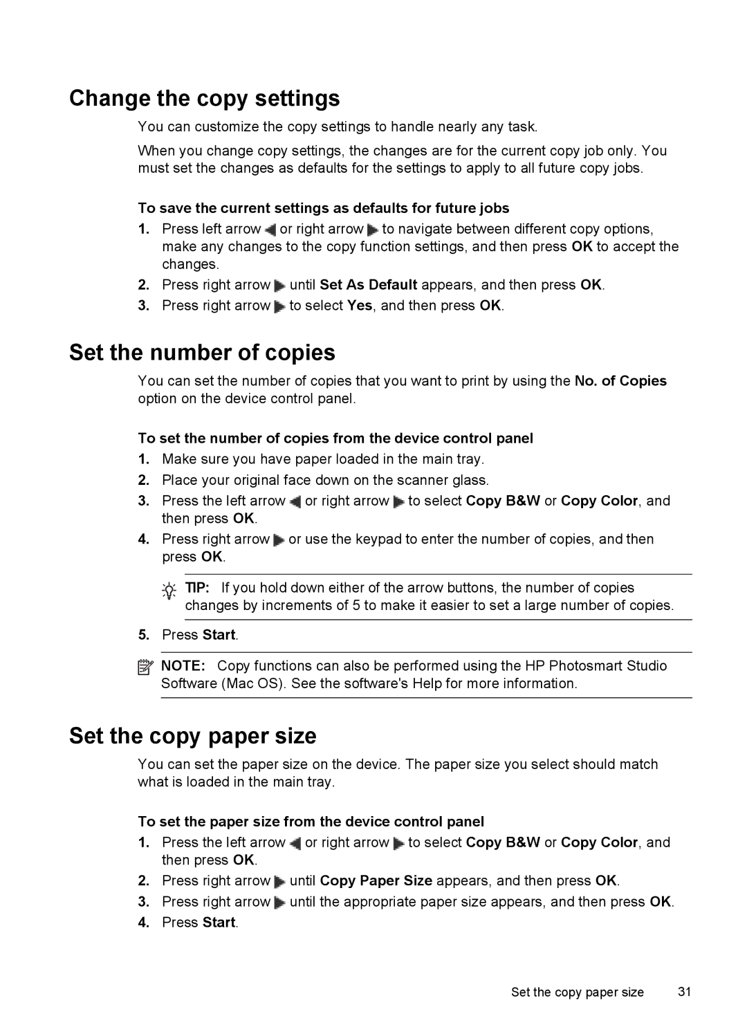 HP J4500, J4580 manual Change the copy settings, Set the number of copies, Set the copy paper size 