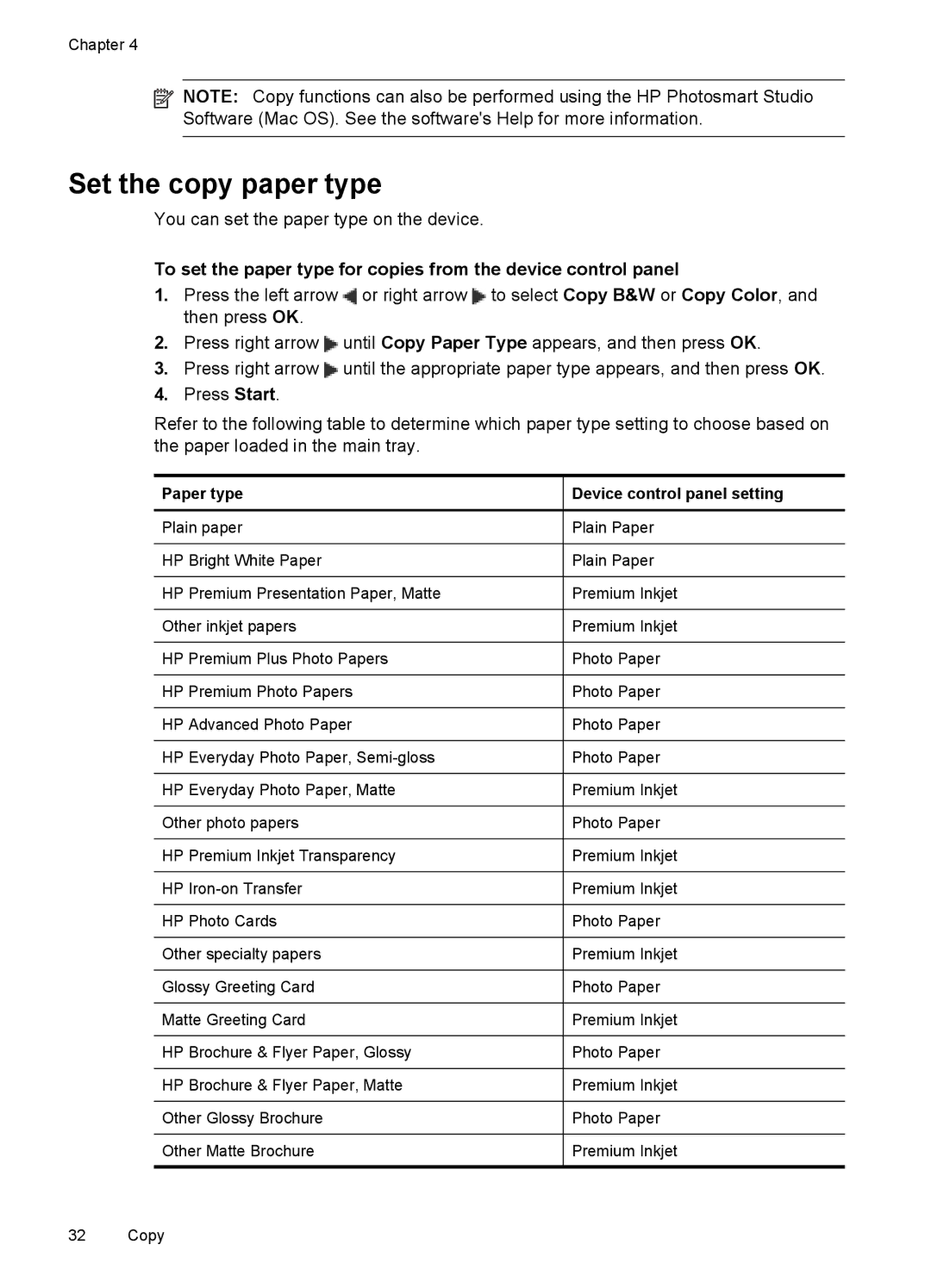 HP J4580, J4500 manual Set the copy paper type, Paper type Device control panel setting 