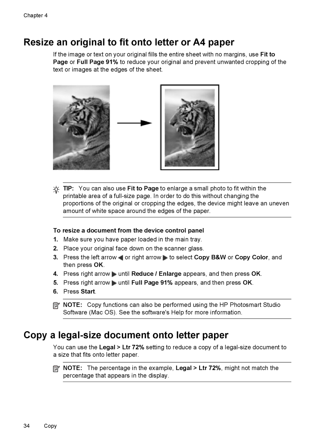 HP J4580, J4500 manual Resize an original to fit onto letter or A4 paper, Copy a legal-size document onto letter paper 