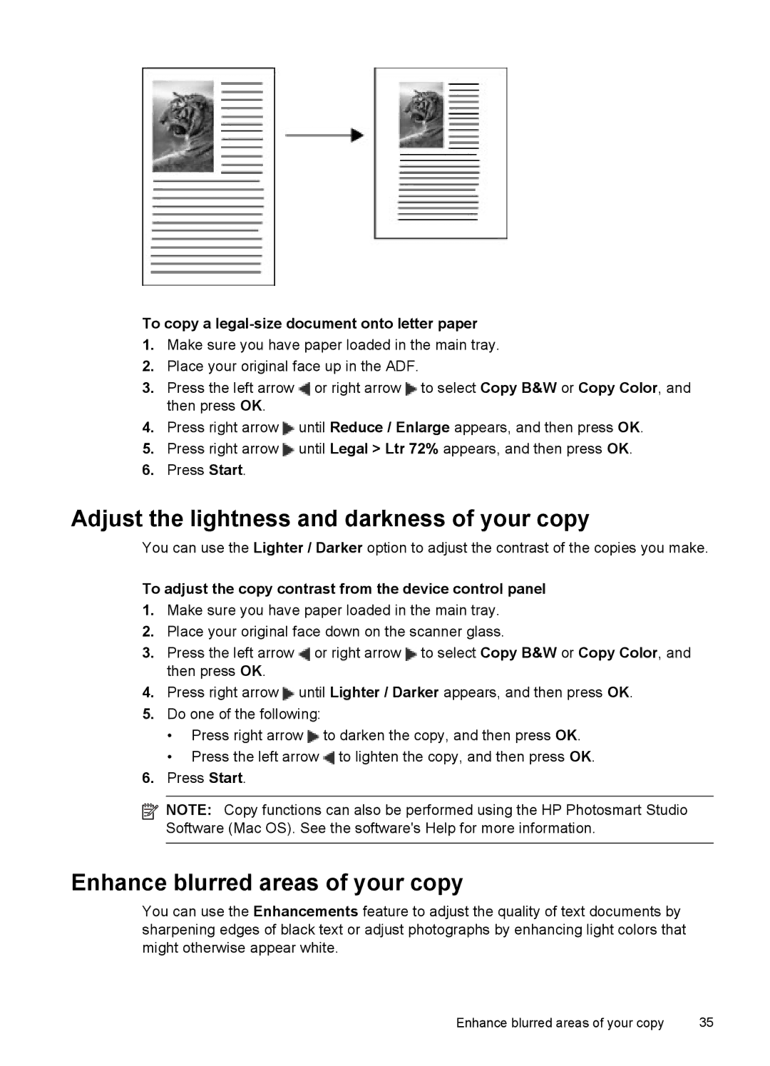 HP J4500, J4580 manual Adjust the lightness and darkness of your copy, Enhance blurred areas of your copy 