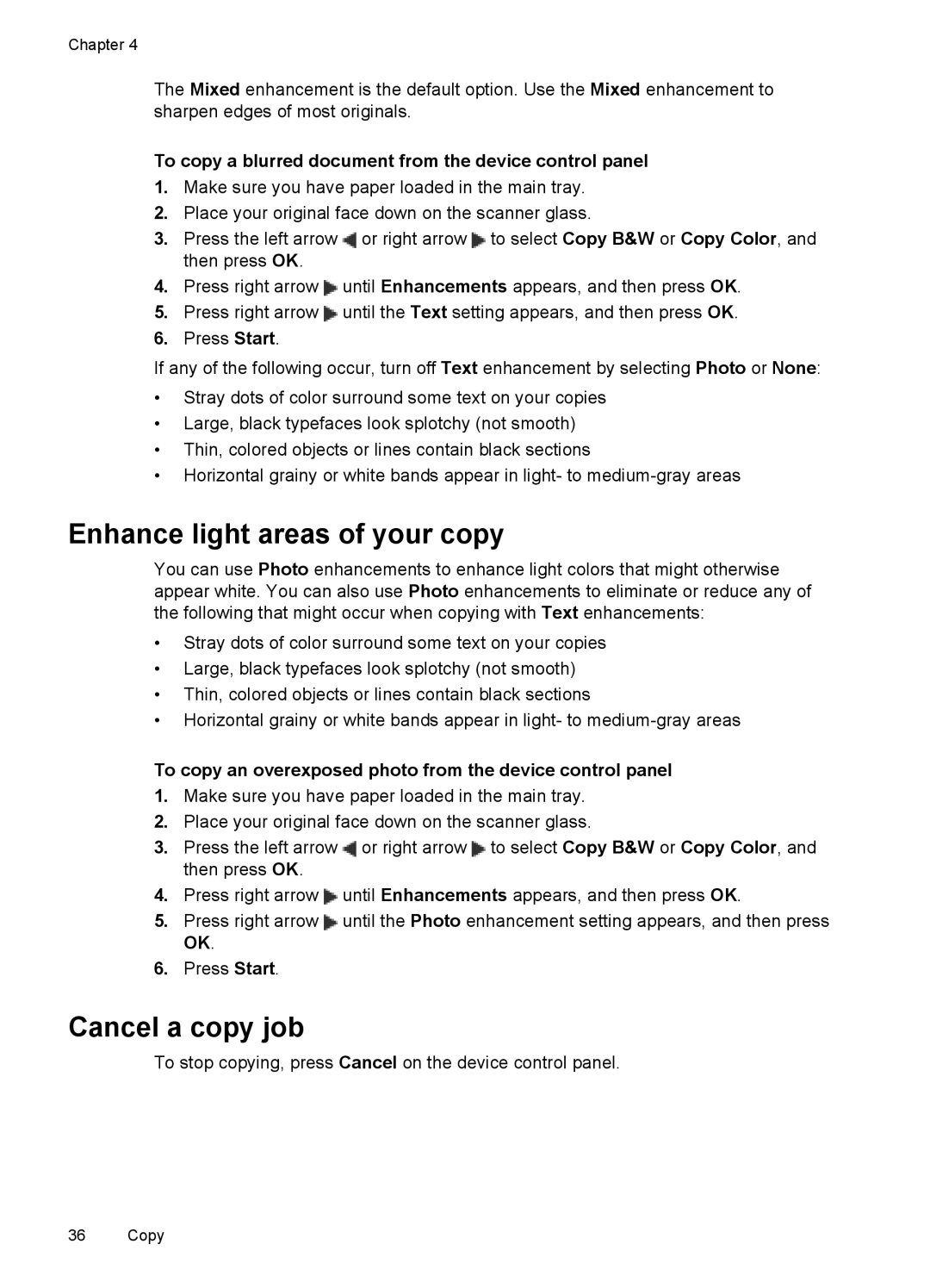 HP J4580 Enhance light areas of your copy, Cancel a copy job, To copy a blurred document from the device control panel 