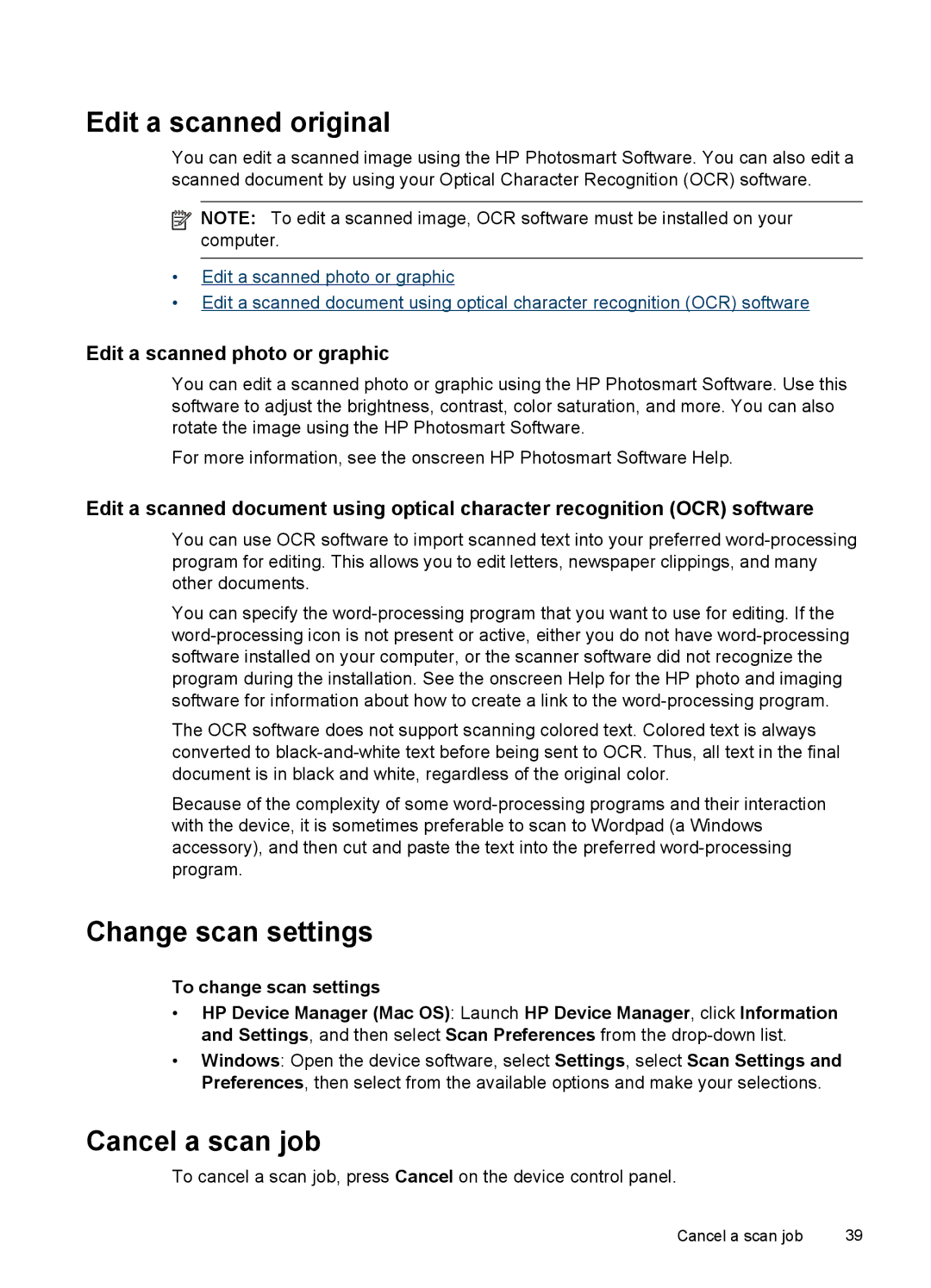 HP J4500, J4580 manual Edit a scanned original, Change scan settings, Cancel a scan job, Edit a scanned photo or graphic 