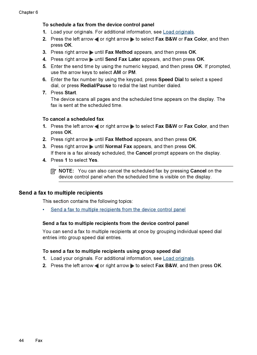 HP J4580 Send a fax to multiple recipients, To schedule a fax from the device control panel, To cancel a scheduled fax 