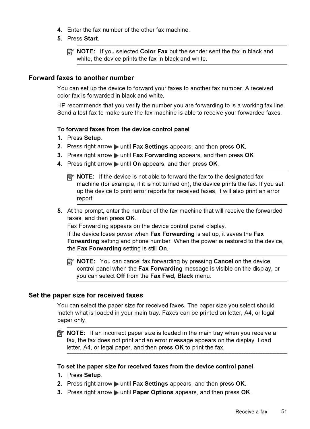 HP J4500, J4580 manual Forward faxes to another number, Set the paper size for received faxes 