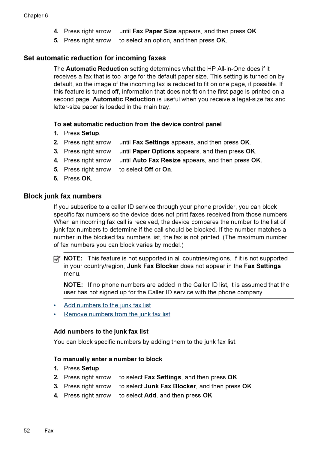 HP J4580, J4500 manual Set automatic reduction for incoming faxes, Block junk fax numbers, Add numbers to the junk fax list 