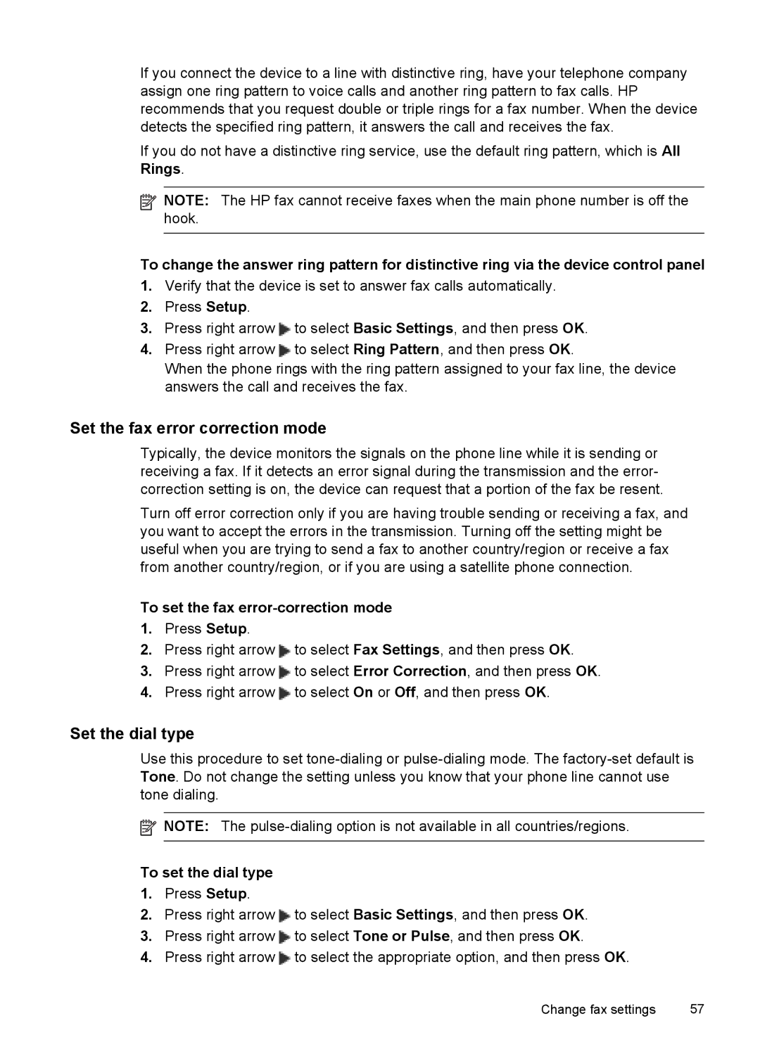 HP J4500 Set the fax error correction mode, Set the dial type, To set the fax error-correction mode, To set the dial type 