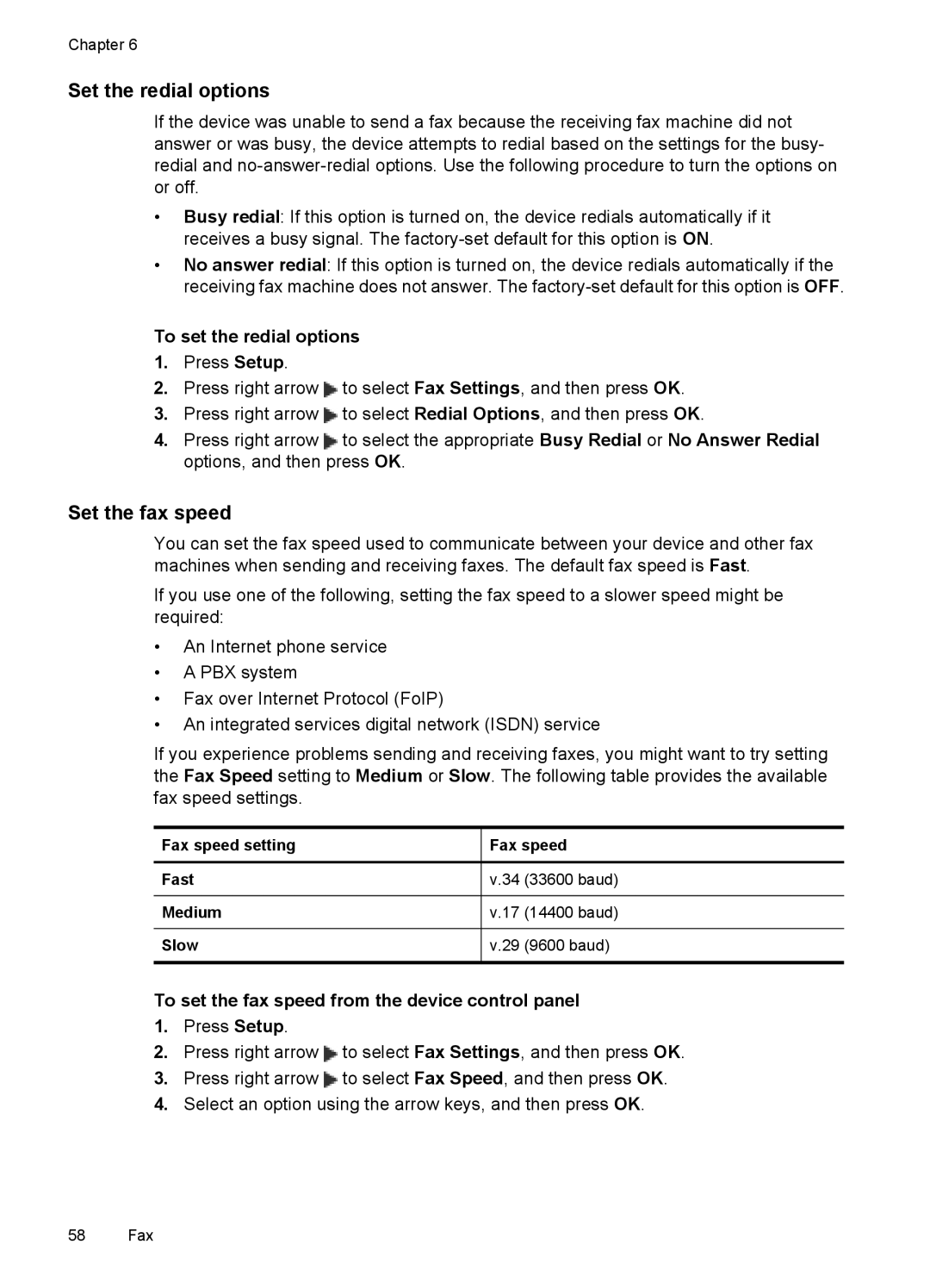 HP J4580, J4500 manual Set the redial options, Set the fax speed, To set the redial options 