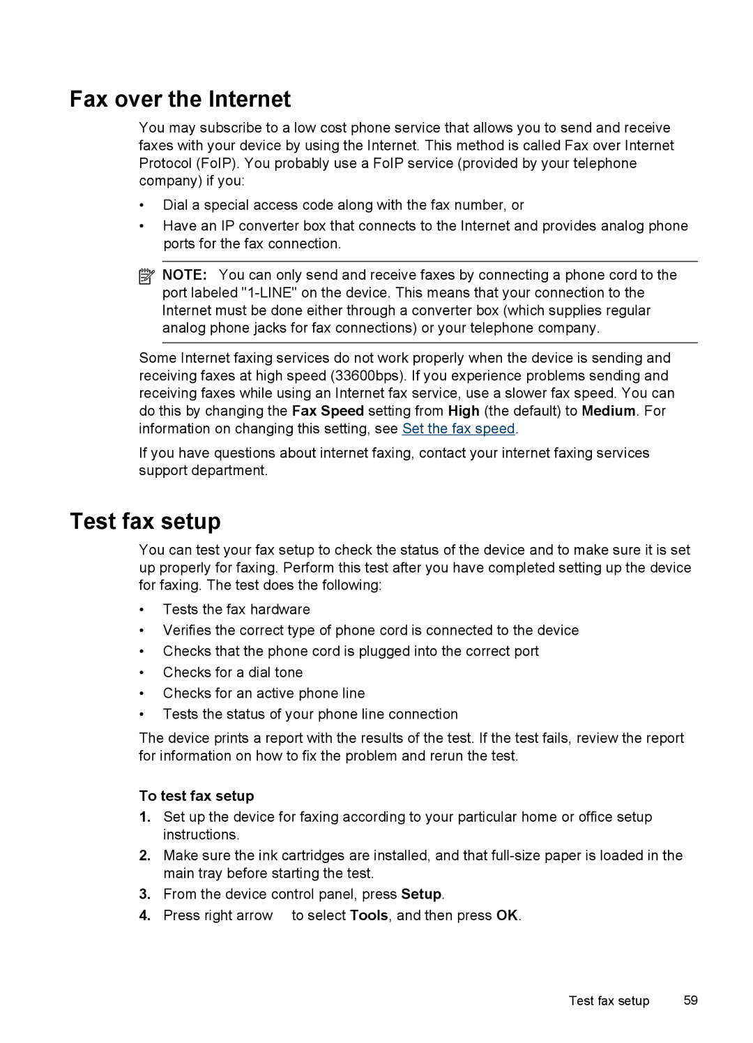 HP J4500, J4580 manual Fax over the Internet, Test fax setup, To test fax setup 