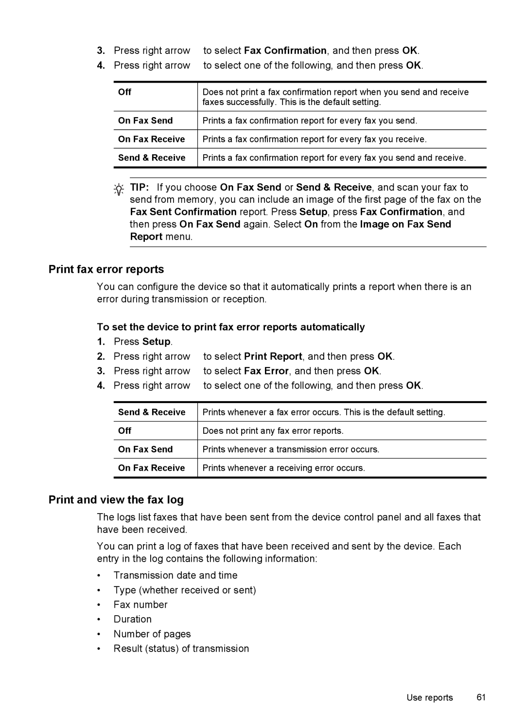 HP J4500 Print fax error reports, Print and view the fax log, To set the device to print fax error reports automatically 