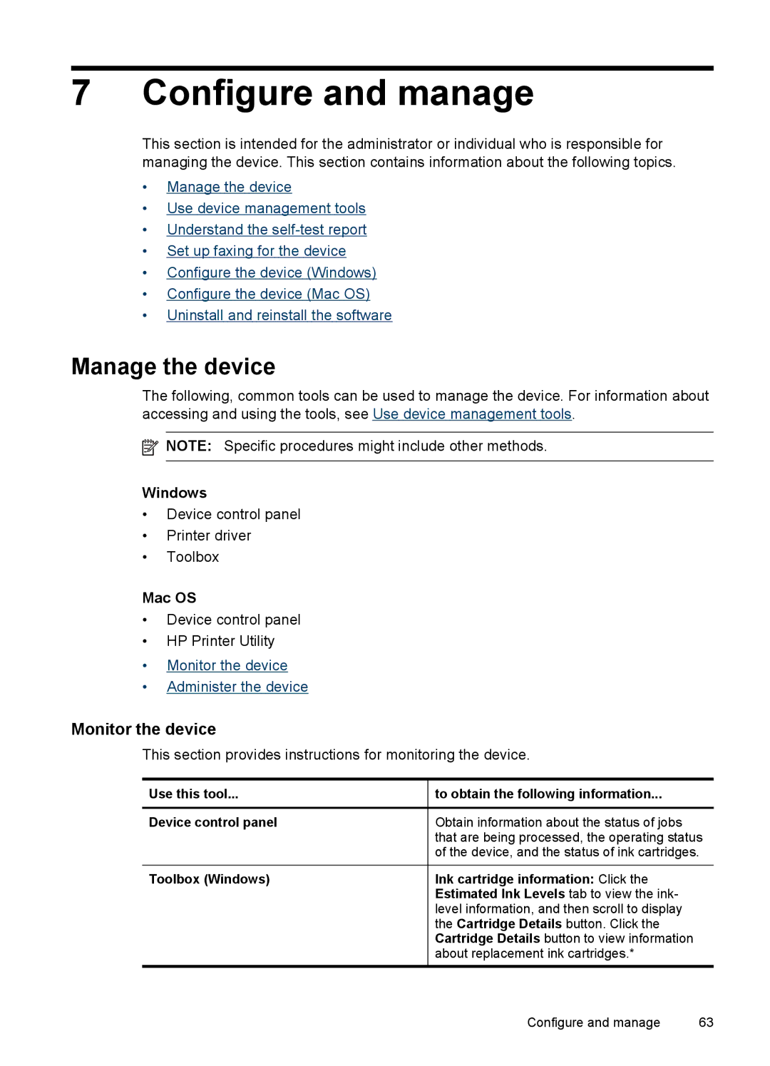 HP J4500, J4580 manual Configure and manage, Manage the device, Monitor the device, Windows, Mac OS 