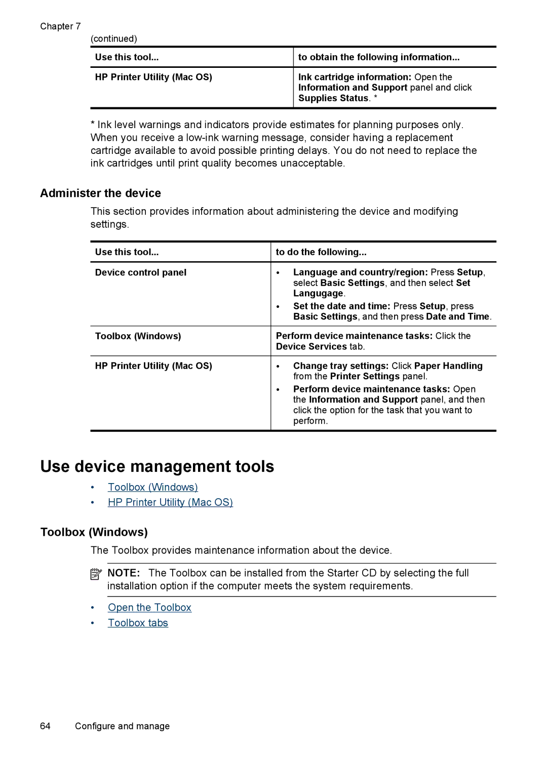 HP J4580, J4500 manual Use device management tools, Administer the device, Toolbox Windows 