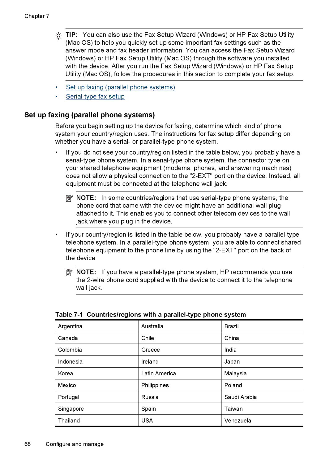 HP J4580, J4500 manual Set up faxing parallel phone systems, Countries/regions with a parallel-type phone system 