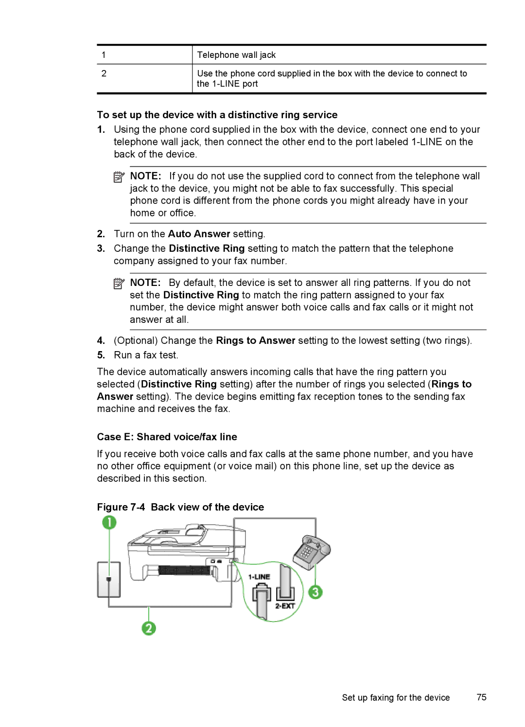 HP J4500, J4580 manual To set up the device with a distinctive ring service, Case E Shared voice/fax line 