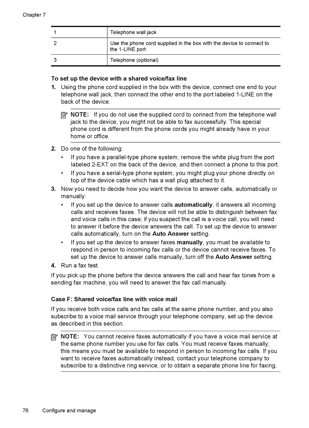 HP J4580, J4500 manual To set up the device with a shared voice/fax line, Case F Shared voice/fax line with voice mail 