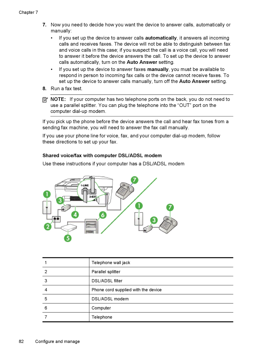 HP J4580, J4500 manual Shared voice/fax with computer DSL/ADSL modem 