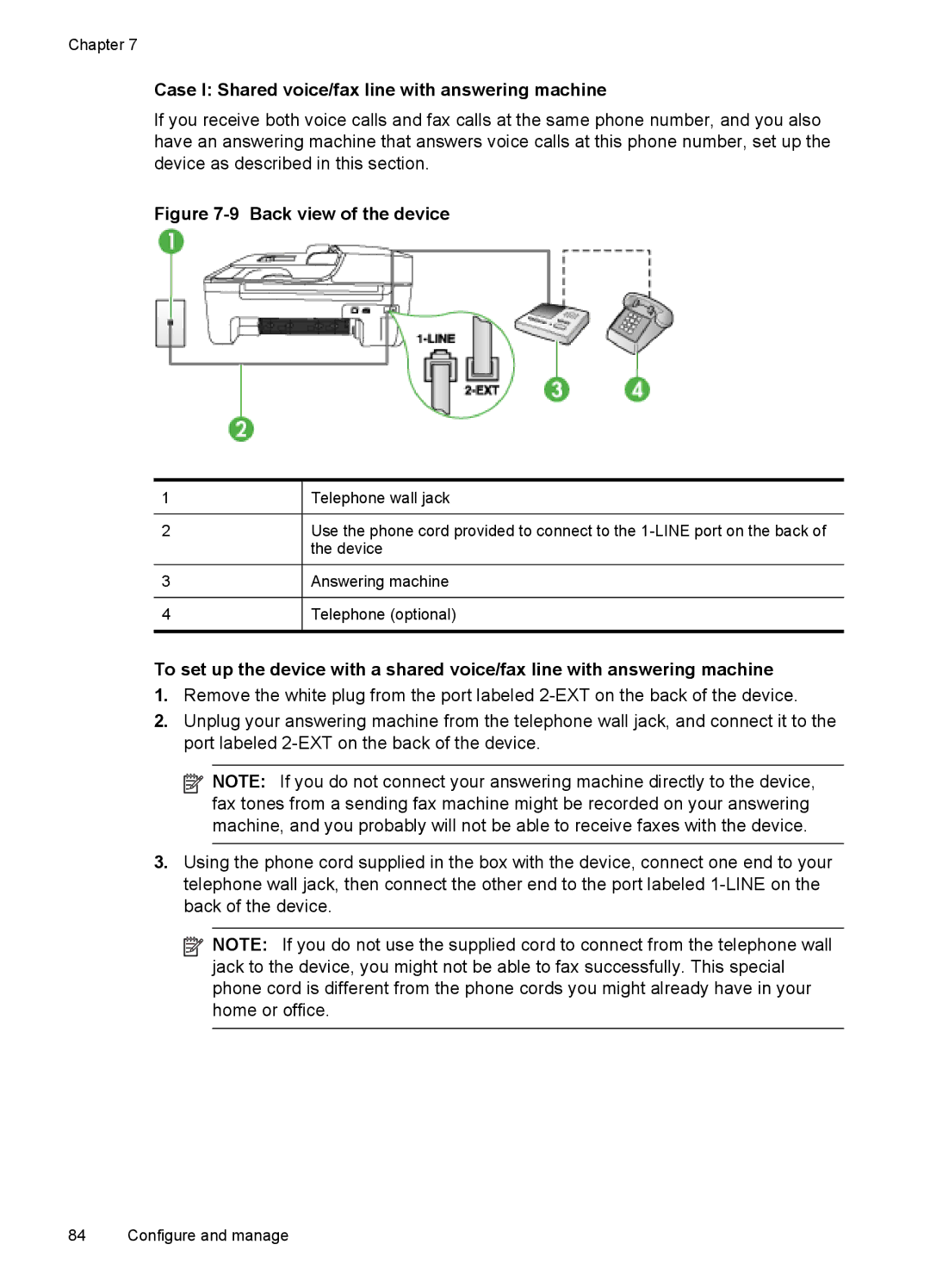 HP J4580, J4500 manual Case I Shared voice/fax line with answering machine, Back view of the device 