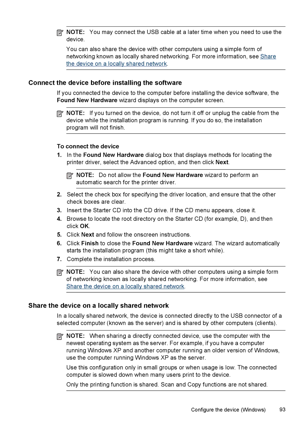 HP J4500, J4580 manual Connect the device before installing the software, Share the device on a locally shared network 