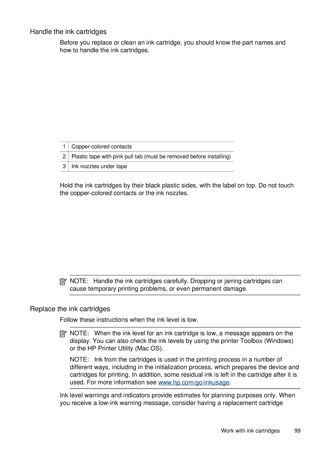 HP J4660 manual Handle the ink cartridges, Replace the ink cartridges 