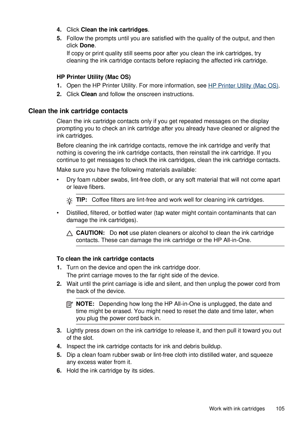 HP J4660 manual Clean the ink cartridge contacts, Click Clean the ink cartridges, HP Printer Utility Mac OS 