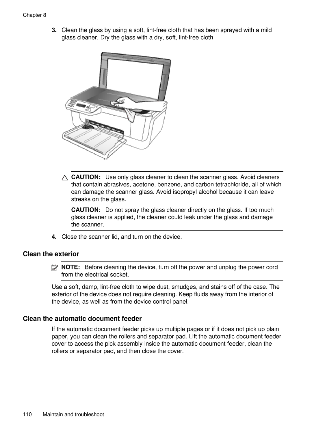 HP J4660 manual Clean the exterior, Clean the automatic document feeder 