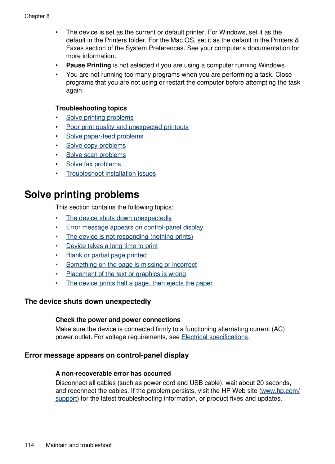 HP J4660 manual Solve printing problems, Device shuts down unexpectedly, Error message appears on control-panel display 