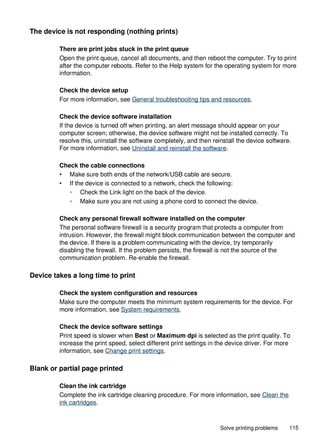 HP J4660 manual Device is not responding nothing prints, Device takes a long time to print, Blank or partial page printed 