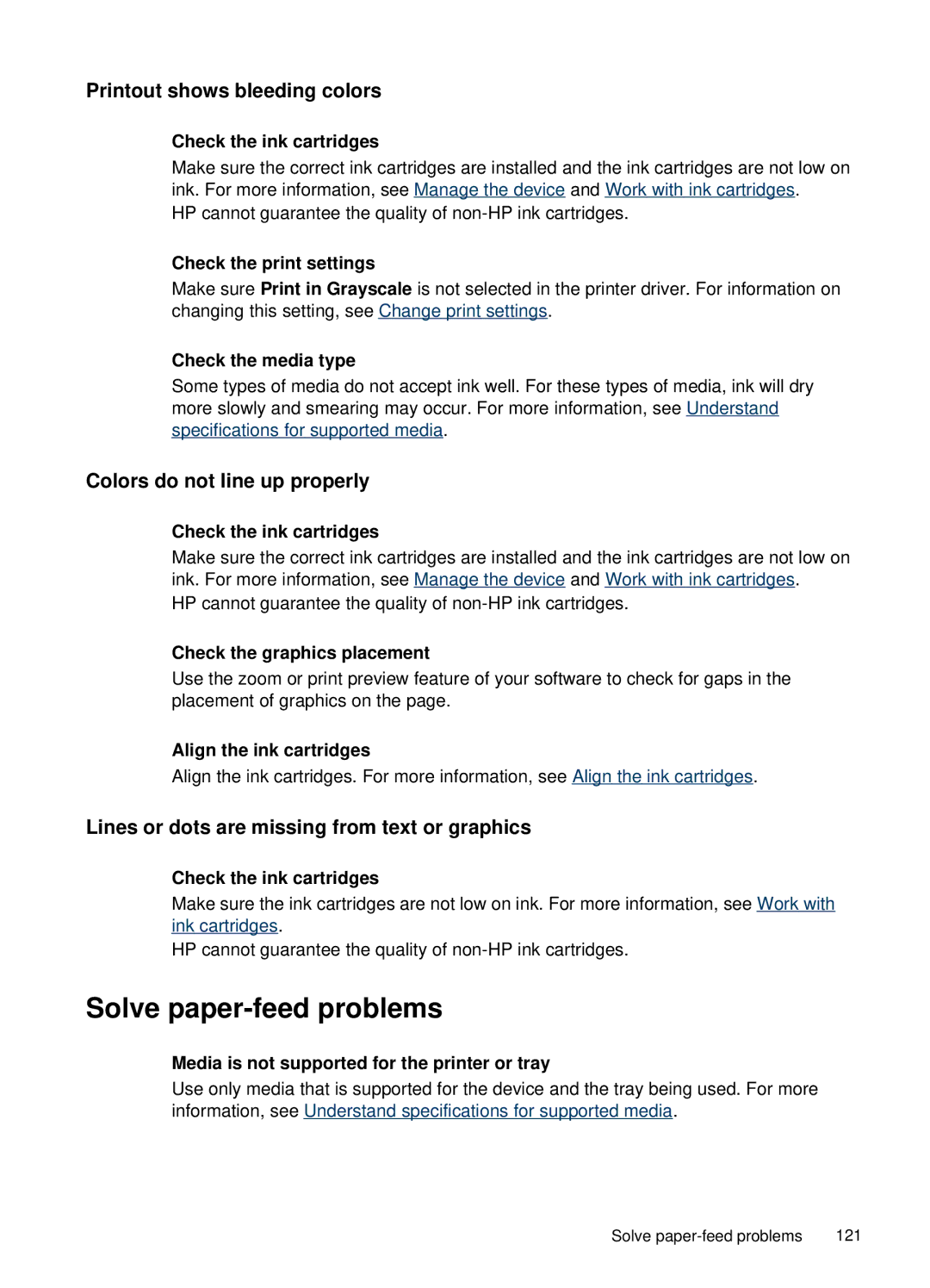 HP J4660 manual Solve paper-feed problems, Printout shows bleeding colors, Colors do not line up properly 