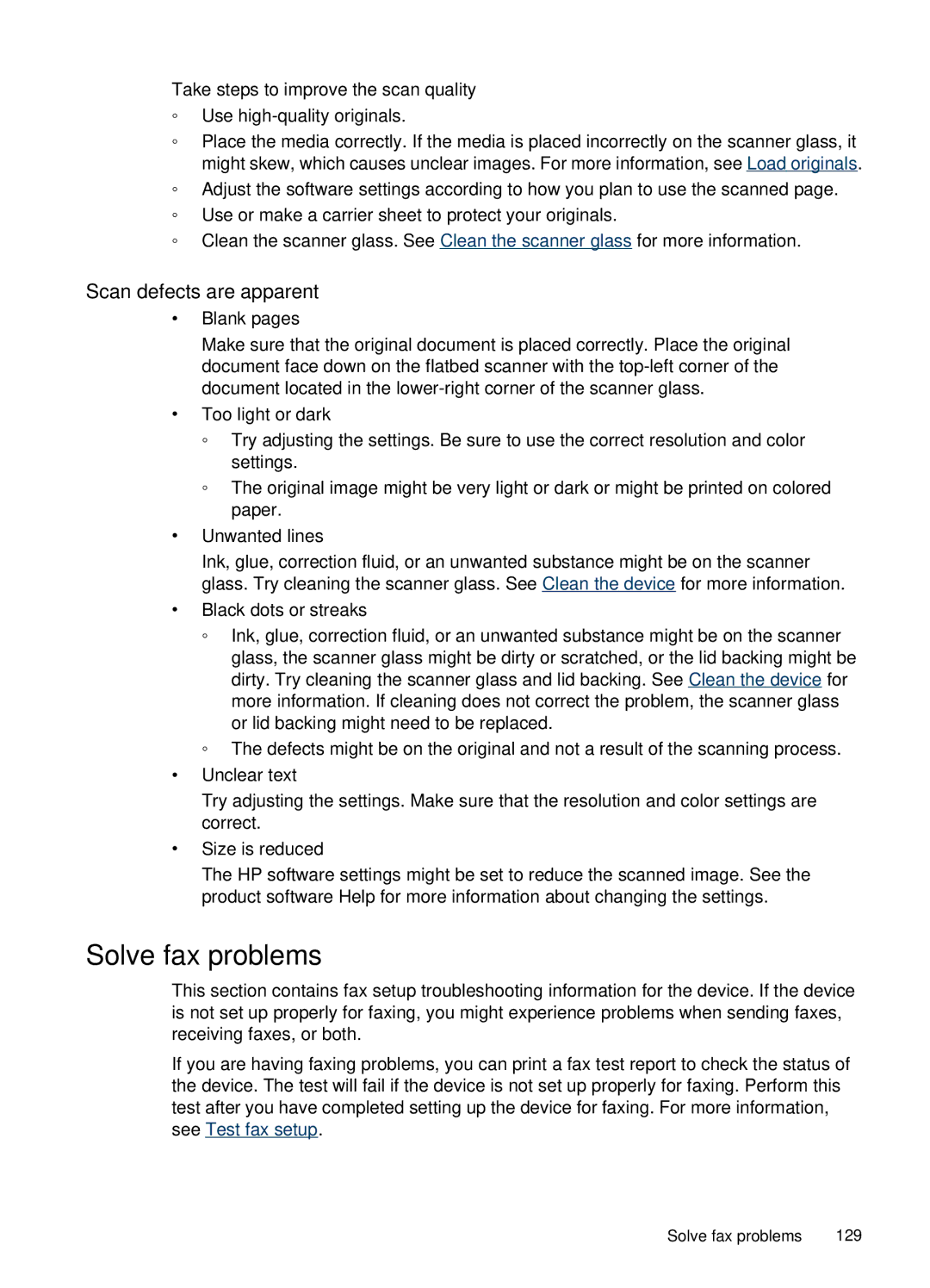 HP J4660 manual Solve fax problems, Scan defects are apparent, Take steps to improve the scan quality, Blank pages 