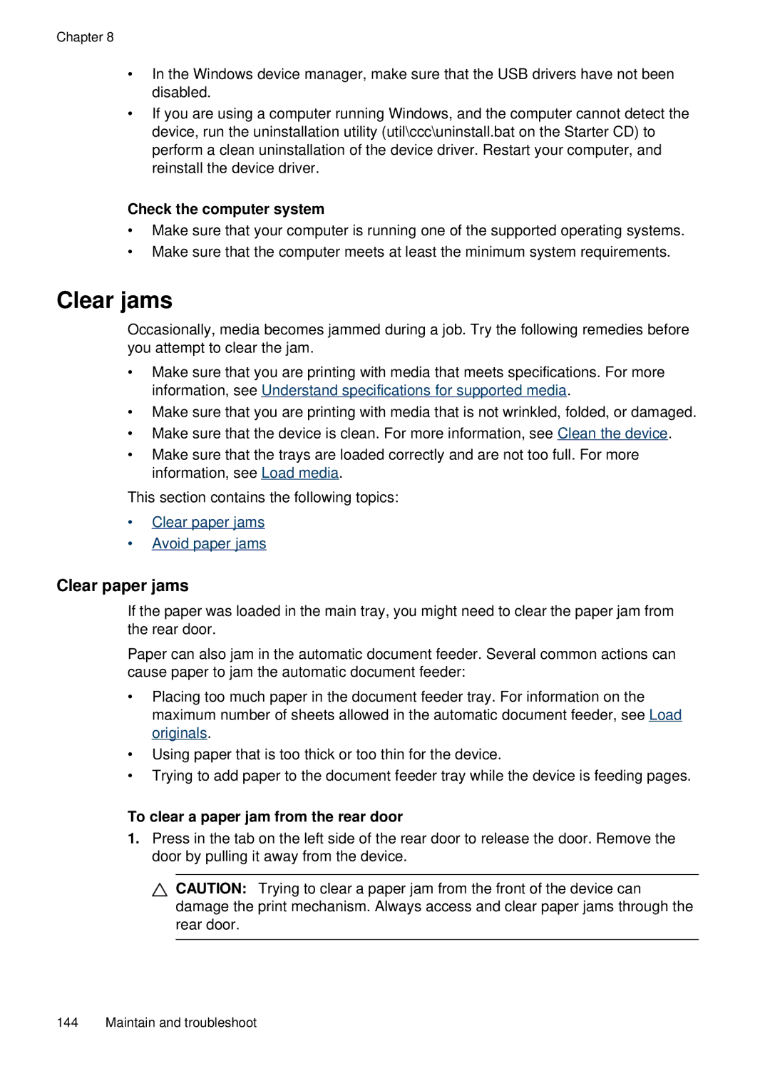 HP J4660 manual Clear jams, Clear paper jams, To clear a paper jam from the rear door 