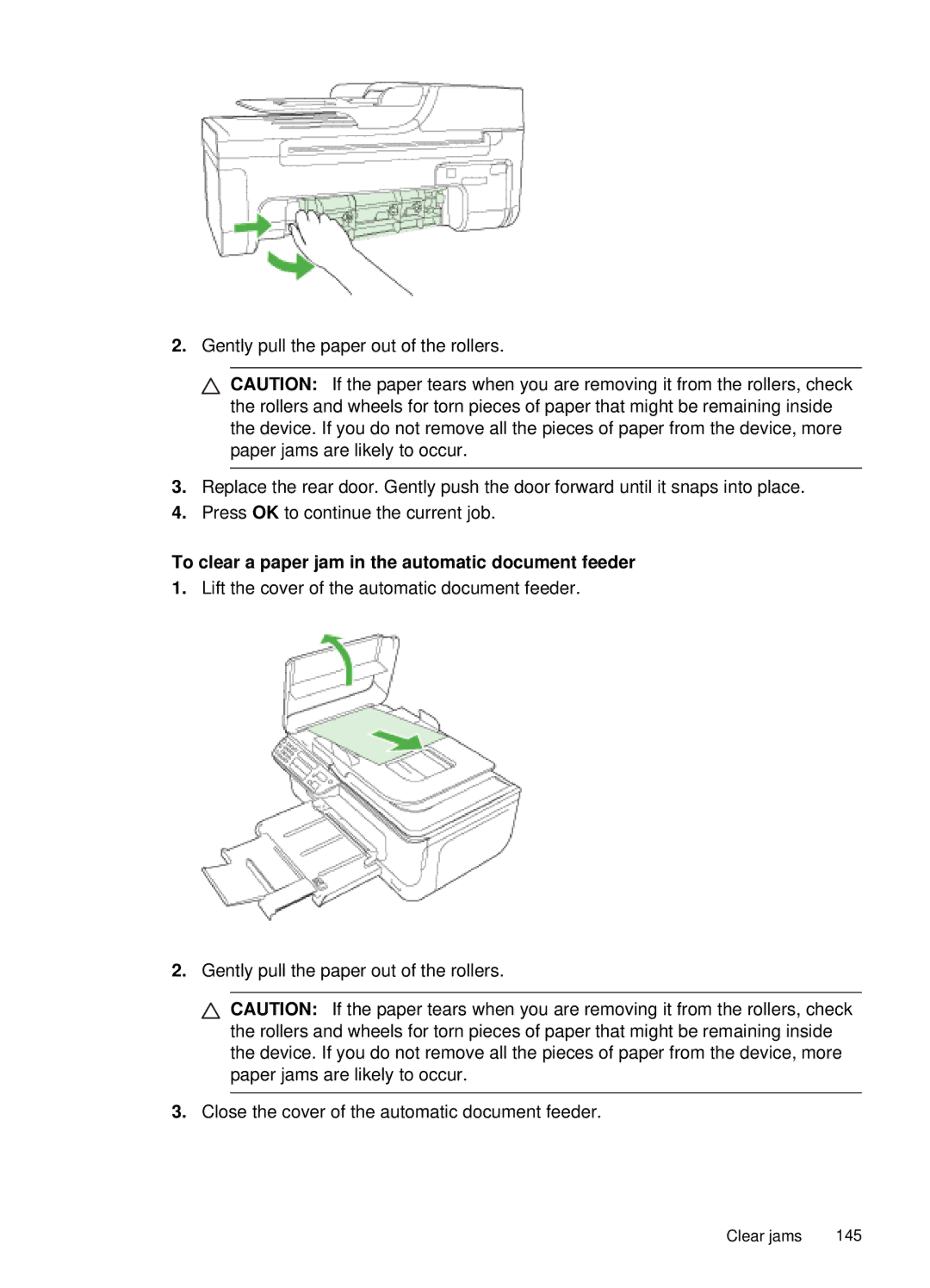 HP J4660 manual To clear a paper jam in the automatic document feeder 