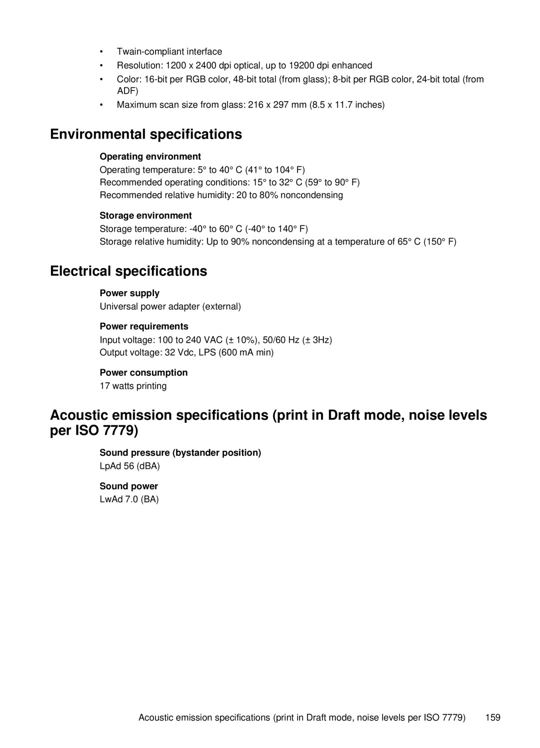 HP J4660 manual Environmental specifications, Electrical specifications 