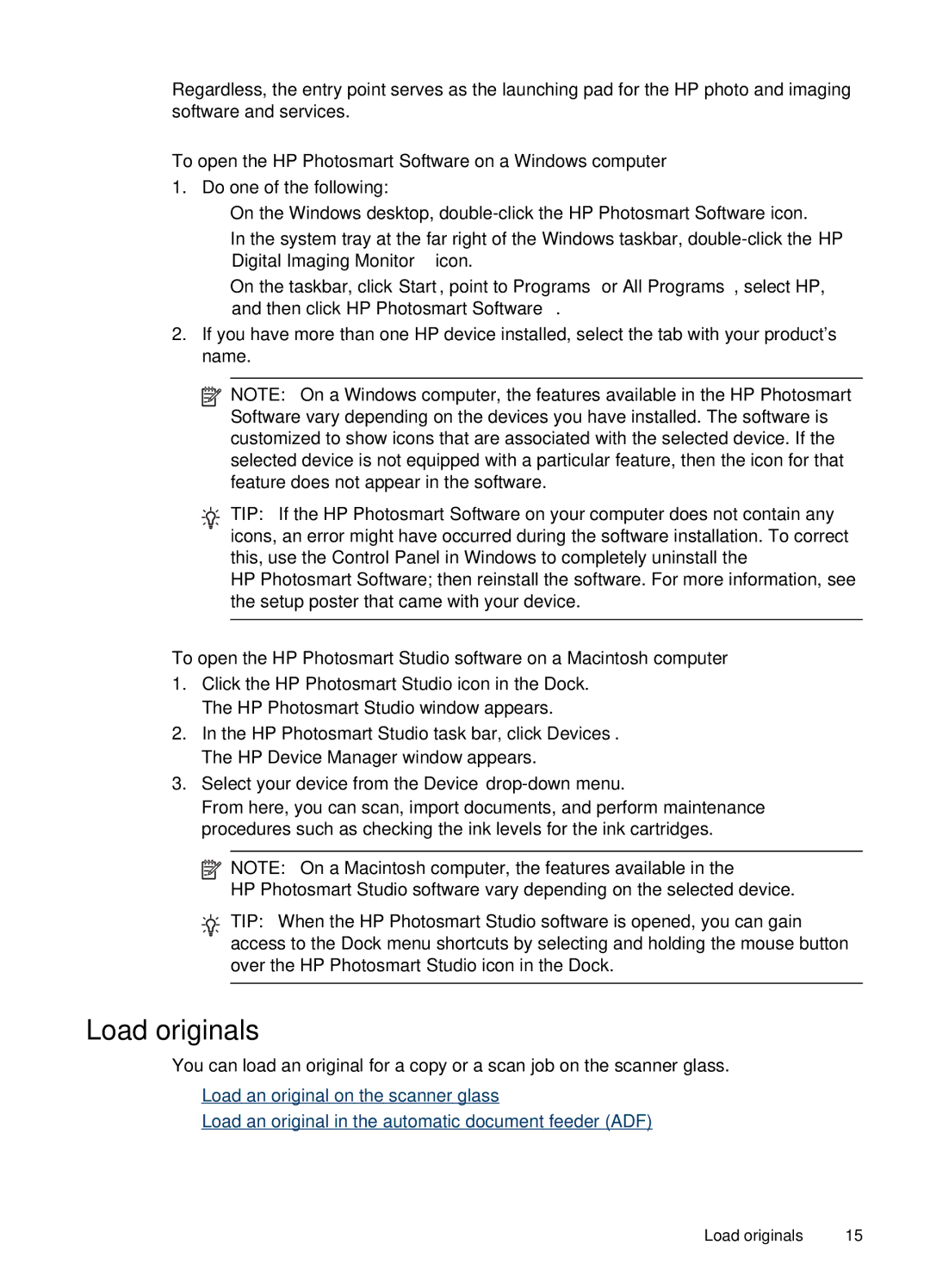 HP J4660 manual Load originals, To open the HP Photosmart Software on a Windows computer 