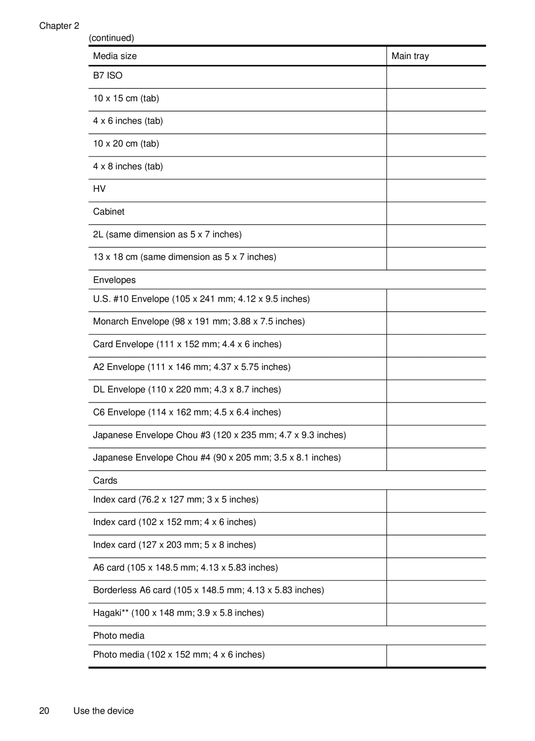 HP J4660 manual Envelopes, Cards, Photo media 