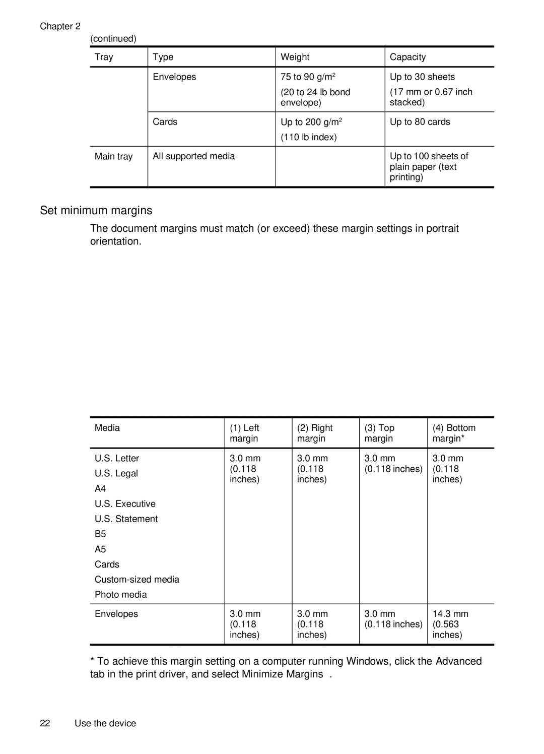 HP J4660 manual Set minimum margins, Tray Type Weight Capacity Envelopes 75 to 90 g/m, Media Left Right Top Bottom Margin 