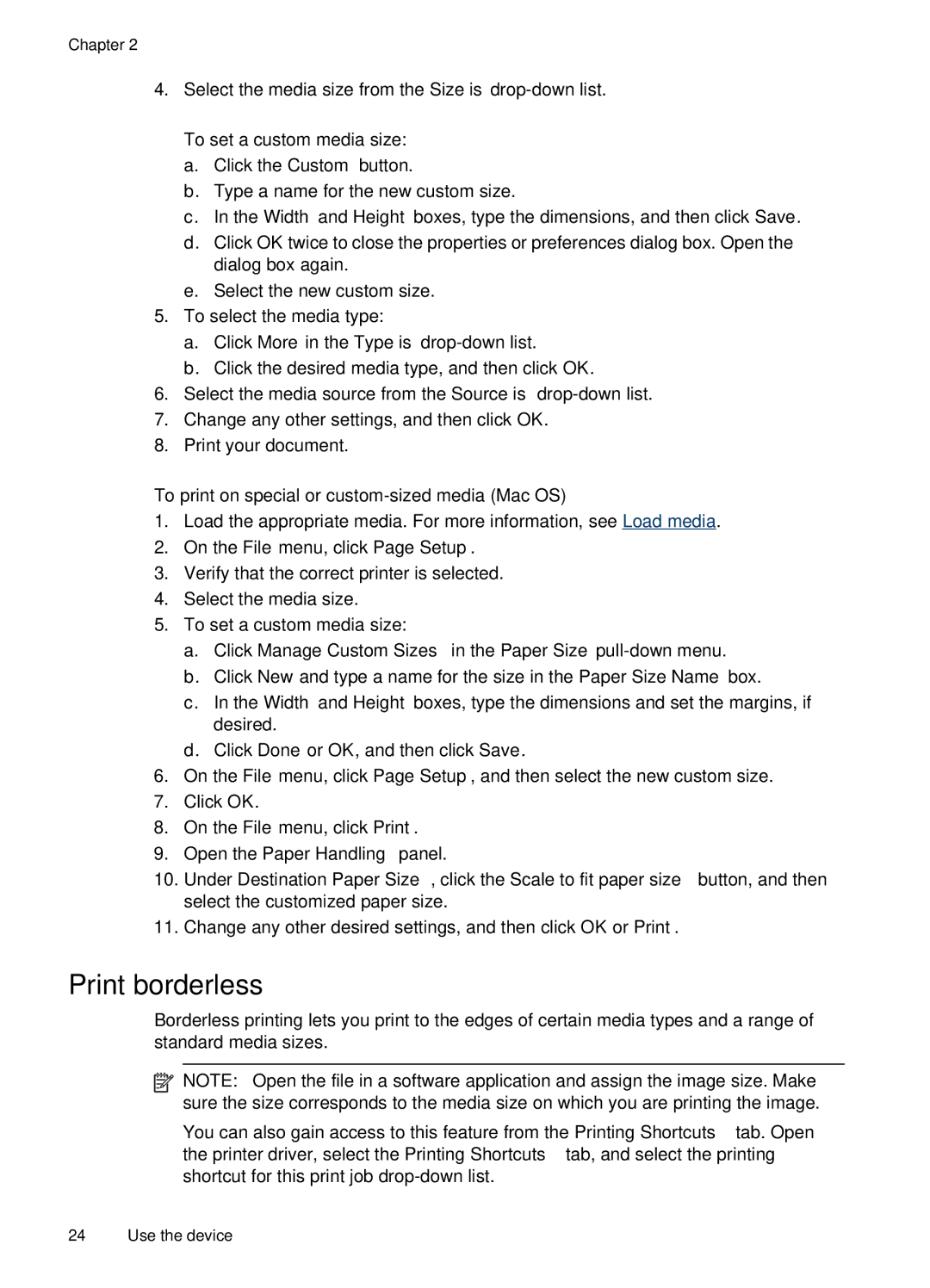 HP J4660 manual Print borderless, To set a custom media size a. Click the Custom button 