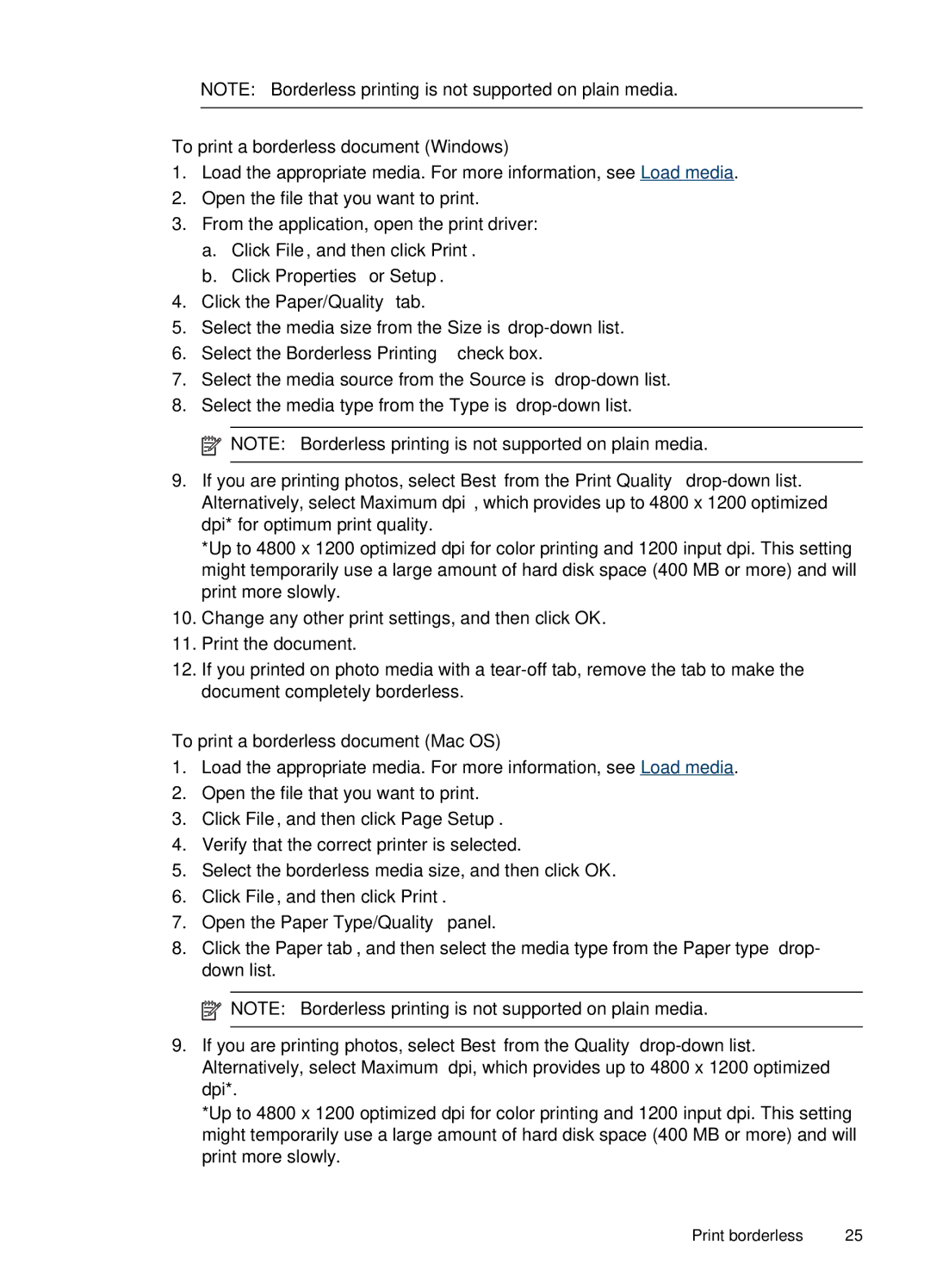 HP J4660 manual To print a borderless document Windows, Click Properties or Setup, To print a borderless document Mac OS 